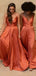 Simple Spaghetti Straps V-neck Side Slit Rust Bridesmaid Dresses Online, BG492