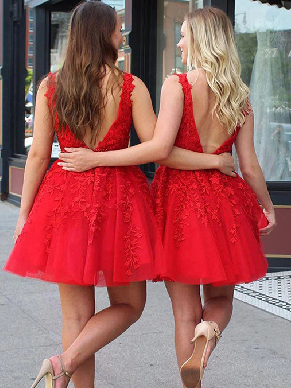 Elegant V-neck A-line Tulle Red Short Homecoming Dresses Online, HD0727