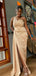 Elegant Mermaid One Shoulder Side Slit Satin Champagne Bridesmaid Dresses Online, BG776