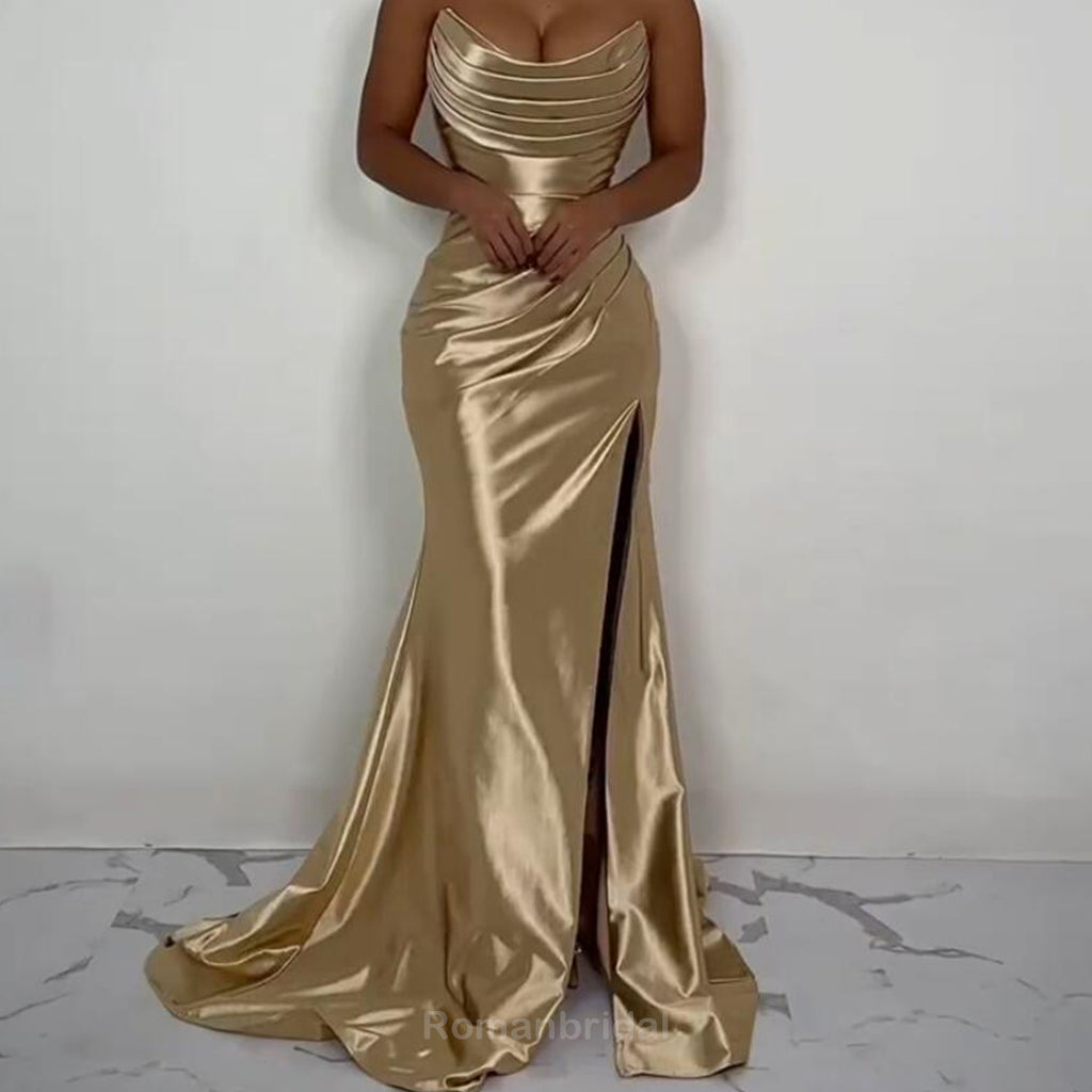 Elegant Sleeveless Mermaid Side Slit Gold Satin Bridesmaid Dresses Online, BG501