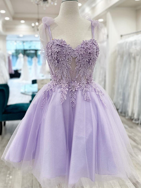 Elegant Spaghetti Straps A-line Tulle Lilac Short Homecoming Dresses Online, HD0760