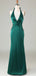 Sexy Halter Deep V-neck Mermaid Green Long Satin Bridesmaid Dresses, BG541