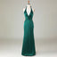 Sexy Halter Deep V-neck Mermaid Green Long Satin Bridesmaid Dresses, BG541