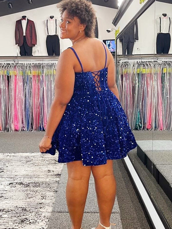 Sparkly A-line Spaghetti Straps Royal Blue Short Homecoming Dresses Online, HD0767