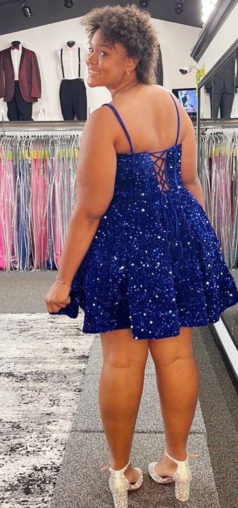 Sparkly A-line Spaghetti Straps Royal Blue Short Homecoming Dresses Online, HD0767