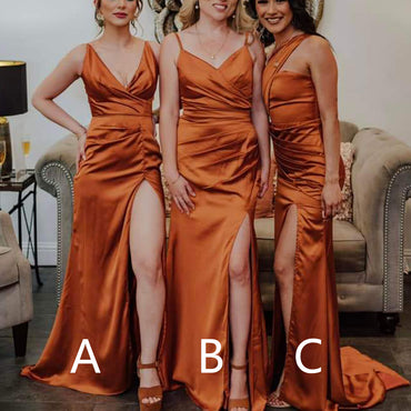 Mismatched Spaghetti Straps Side Slit V-neck Mermaid Satin Burnt Orange Long Bridesmaid Dresses Online, BG747