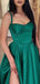 Elegant Spaghetti Straps A-line Satin Side Slit Emerald Long Prom Dress Online, OL267