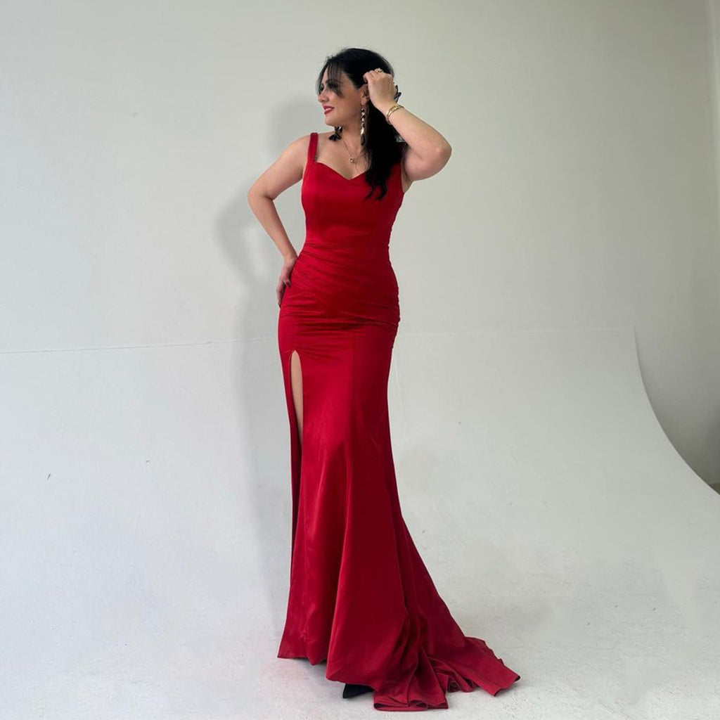 Elegant Straps Mermaid Side Slit Satin Red Long Bridesmaid Dresses Online, BG809