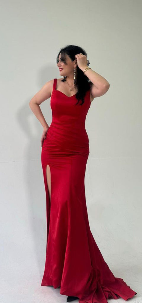 Elegant Straps Mermaid Side Slit Satin Red Long Bridesmaid Dresses Online, BG809