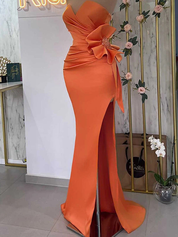 Elegant V-neck Mermaid Side Slit Satin Orange Long Prom Dress Online, OL249