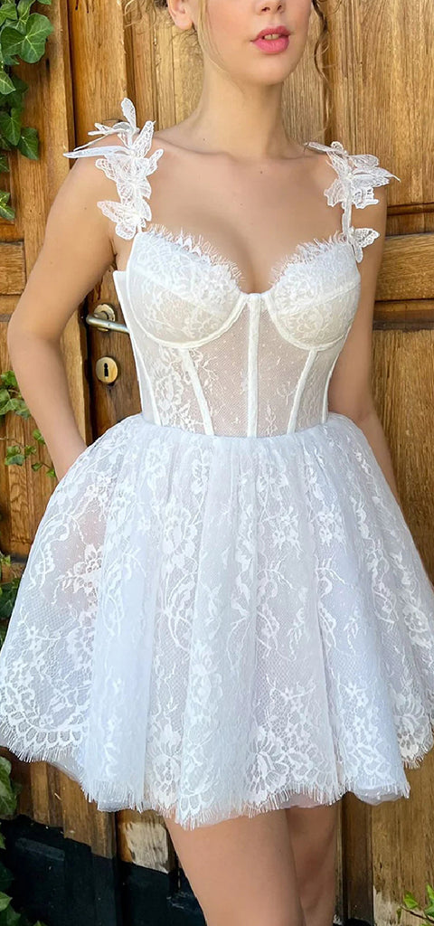 Elegant Spaghetti Straps A-line White Lace Short Homecoming Dresses Online, HD0647