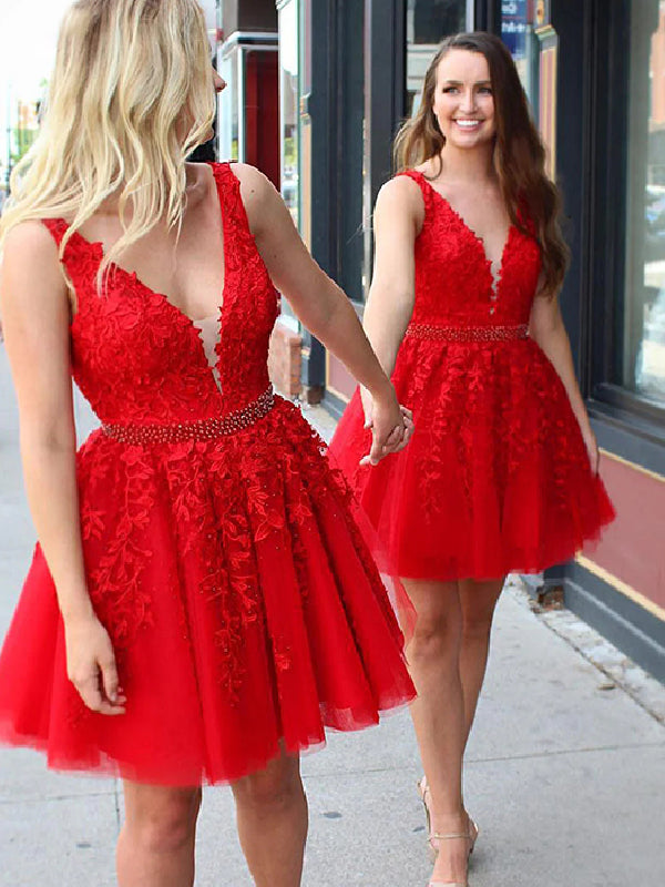 Elegant V-neck A-line Tulle Red Short Homecoming Dresses Online, HD0727