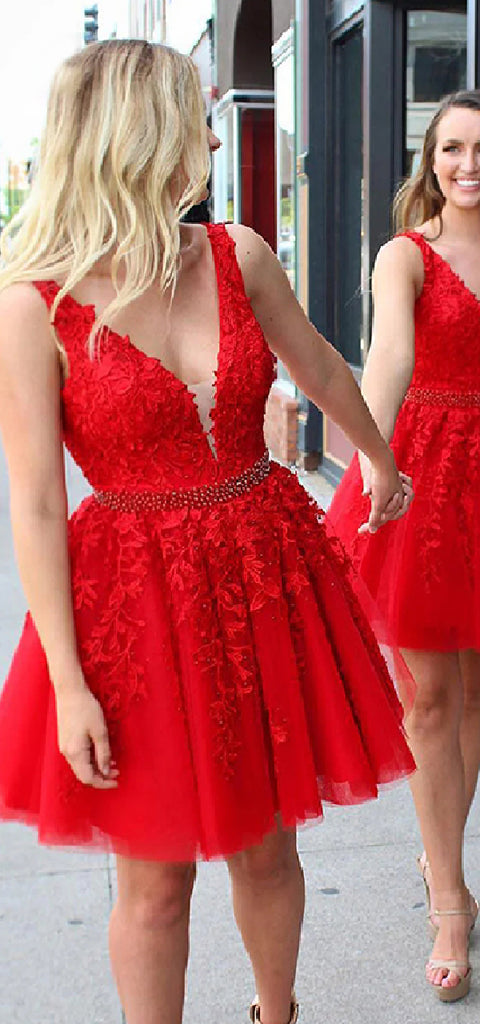 Elegant V-neck A-line Tulle Red Short Homecoming Dresses Online, HD0727