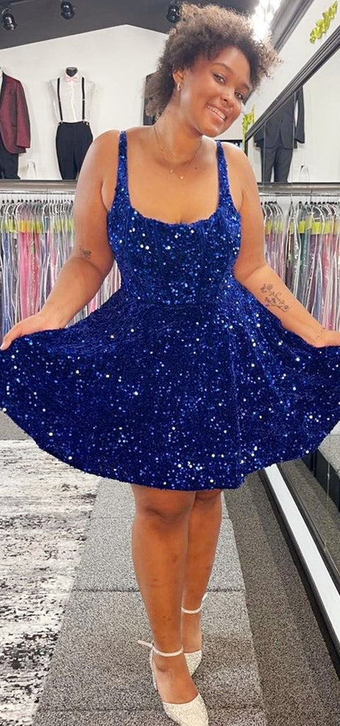 Sparkly A-line Spaghetti Straps Royal Blue Short Homecoming Dresses Online, HD0767