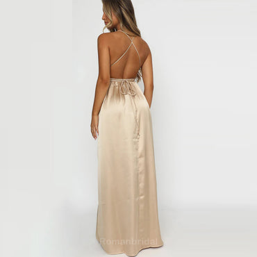 Simple Spaghetti Straps V-neck Side Slit Satin Bridesmaid Dresses, BG512