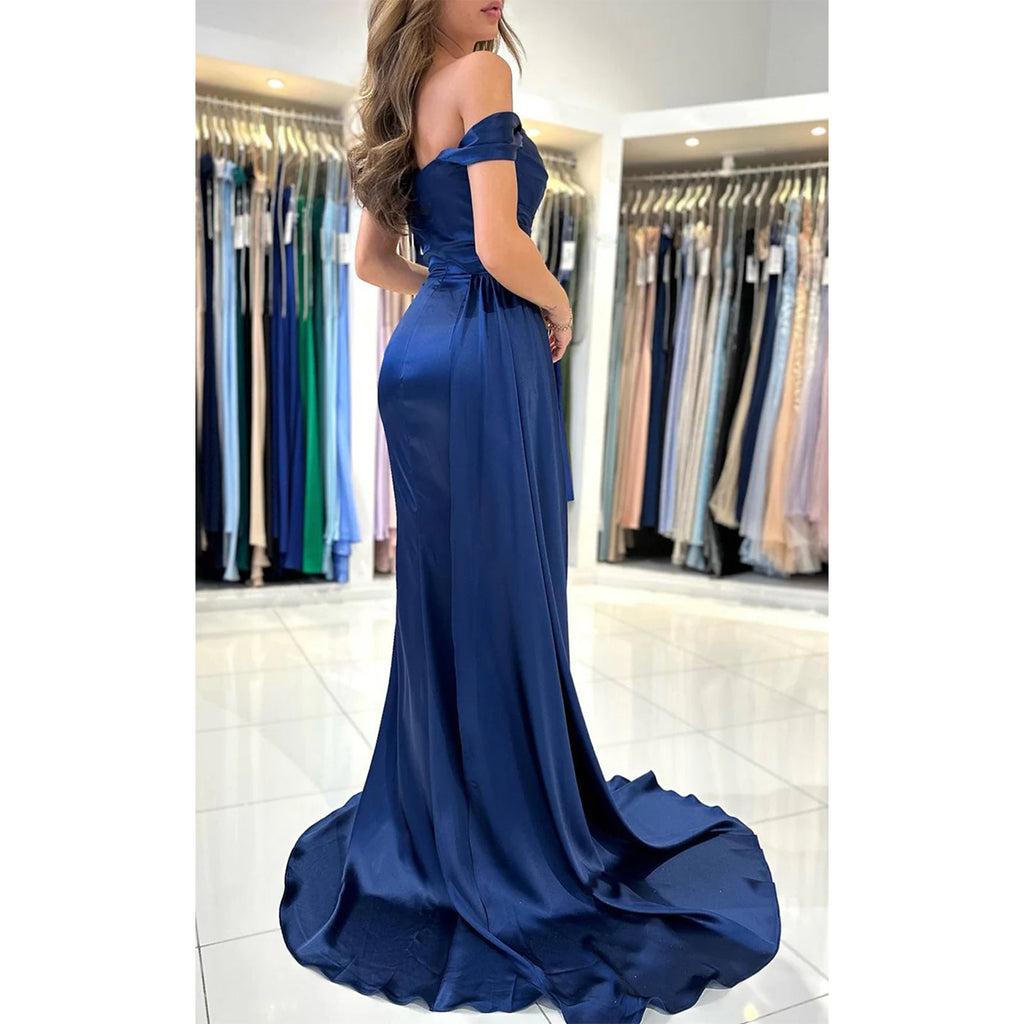 Elegant Satin Off Shoulder Side Slit Mermaid Long Bridesmaid Dresses with Trailing, BG624