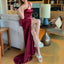 Elegant One Shoulder Mermaid Side Slit Burgundy Satin Bridesmaid Dresses Online, BG478