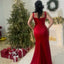 Elegant Straps Mermaid Side Slit Satin Red Long Bridesmaid Dresses Online, BG809