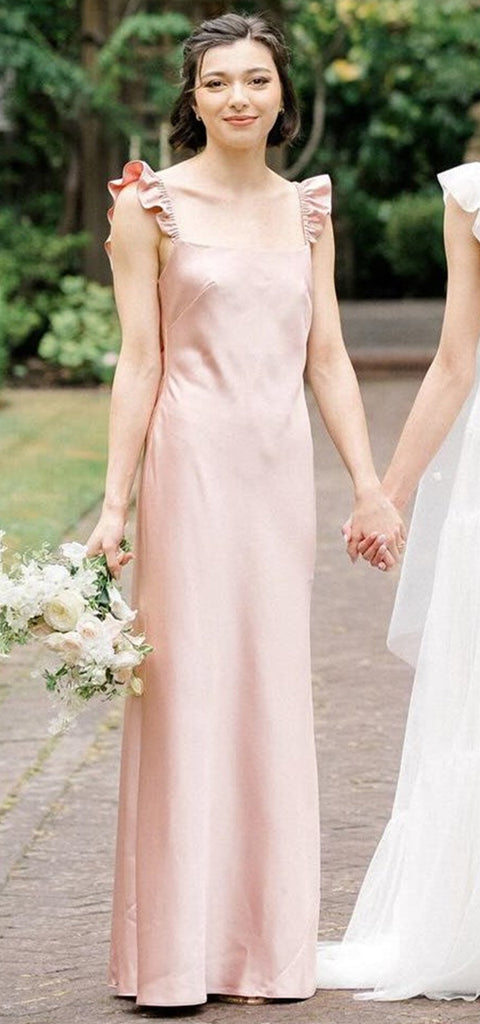 Elegant Spaghetti Straps Column Satin Pearl Pink Bridesmaid Dresses Online, BG789