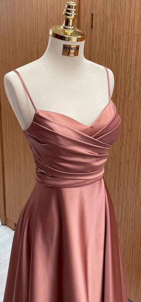 Elegant Spaghetti Straps V-neck A-line Long Satin Bridesmaid Dresses, BG542