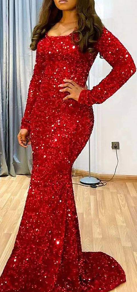 Sparkly Long Sleeves Mermaid Sequins Red Long Prom Dress Online, OL258