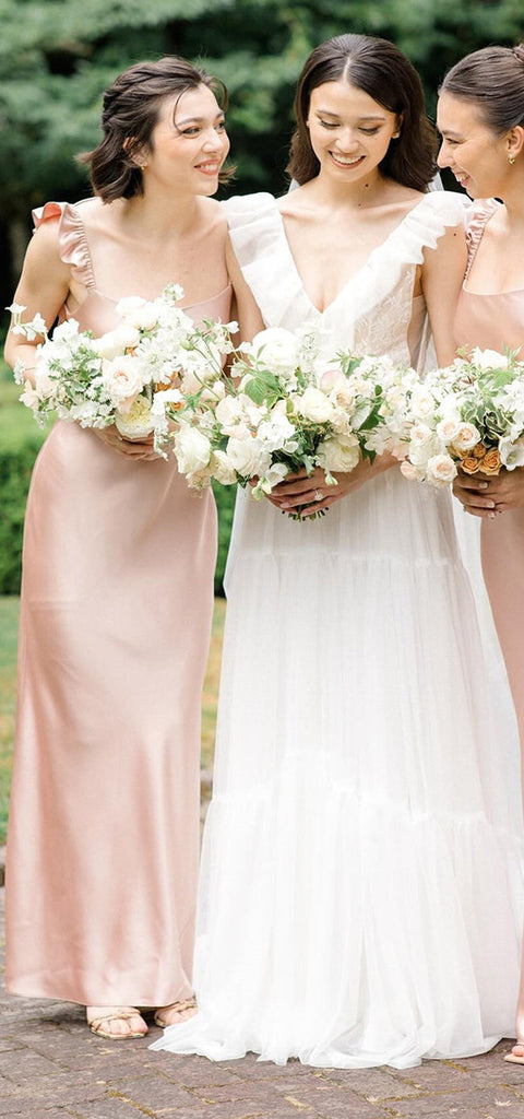 Elegant Spaghetti Straps Column Satin Pearl Pink Bridesmaid Dresses Online, BG789