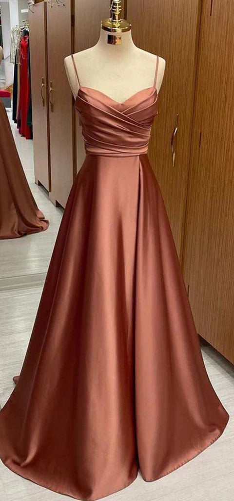 Elegant Spaghetti Straps V-neck A-line Long Satin Bridesmaid Dresses, BG542