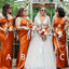 Mismatched One Shoulder Side Slit Mermaid Burnt Orange Satin Long Bridesmaid Dresses Online, BG743