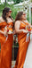 Mismatched One Shoulder Side Slit Mermaid Burnt Orange Satin Long Bridesmaid Dresses Online, BG743