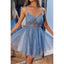 Sparkly Spaghetti Straps V-neck A-line Tulle Dusty Blue Homecoming Dresses Online, HD0671