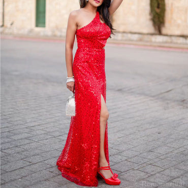 Sparkly One Shoulder A-line Side Slit Sequins Long Bridesmaid Dresses, BG413