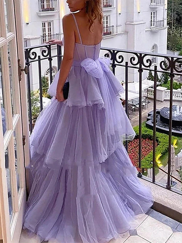 Elegant Spaghetti Straps A-line Tulle Side Slit Long Prom Dress Online, OL253