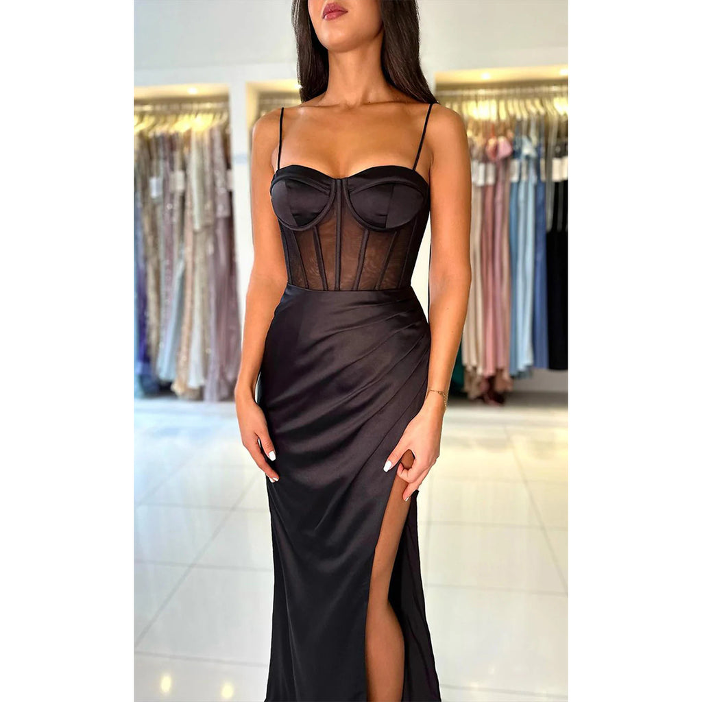 Elegant Satin Spaghetti Straps Side Slit Mermaid Chocolate Long Bridesmaid Dresses Online, BG625