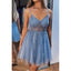 Sparkly Spaghetti Straps V-neck A-line Tulle Dusty Blue Homecoming Dresses Online, HD0671