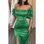 Elegant Off Shoulder Mermaid Green Side Slit Satin Long Bridesmaid Dresses Online, BG596