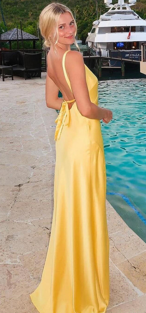 Elegant V-neck Spaghetti Straps Side Slit Column Satin Lemon Bridesmaid Dresses Online, BG790