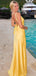 Elegant V-neck Spaghetti Straps Side Slit Column Satin Lemon Bridesmaid Dresses Online, BG790