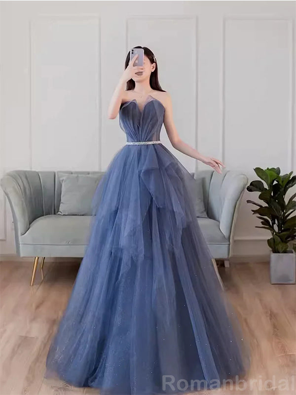 Elegant A-line Sleeveless Tulle Slate Blue Long Evening Prom Dress Online, OL096
