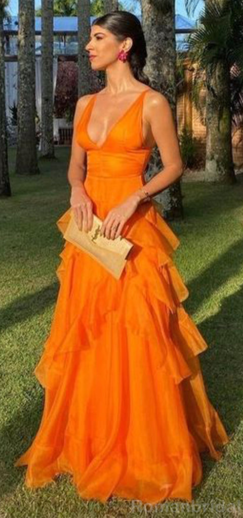 Elegant V-neck A-line Sleeveless Orange Tulle Evening Prom Dress Online, OL106