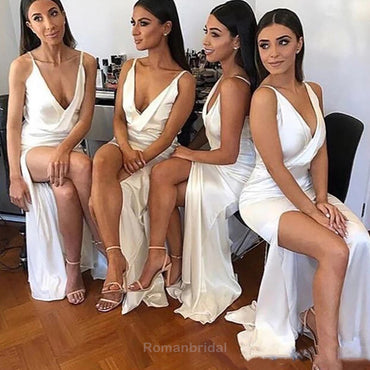 Sexy Ivory Deep V-neck Side Slit Mermaid Satin Bridesmaid Dresses Online, BG461