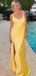 Elegant V-neck Spaghetti Straps Side Slit Column Satin Lemon Bridesmaid Dresses Online, BG790