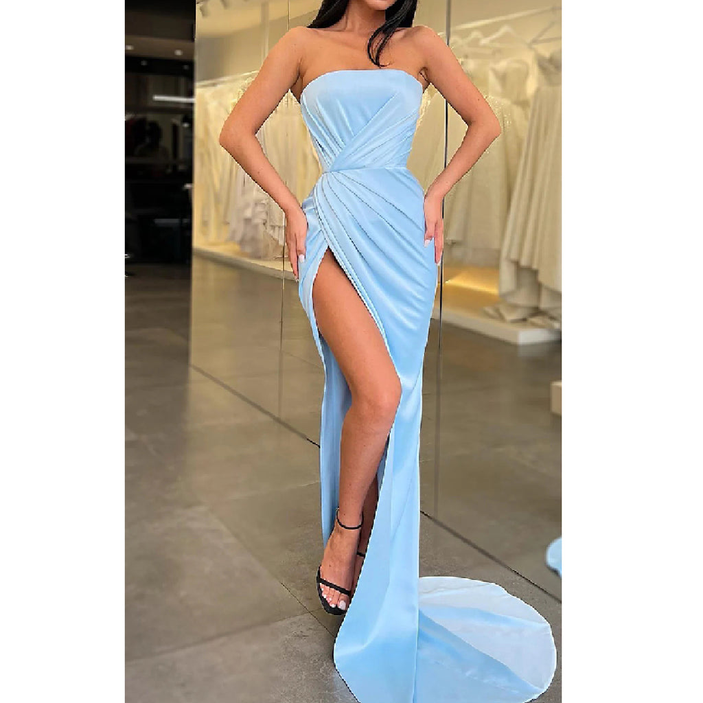 Simple Straight Neck Sleeveless Side Slit Sky Blue Satin Long Bridesmaid Dresses Online, BG597