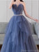 Elegant A-line Sleeveless Tulle Slate Blue Long Evening Prom Dress Online, OL096