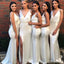 Sexy Ivory Deep V-neck Side Slit Mermaid Satin Bridesmaid Dresses Online, BG461