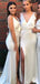 Sexy Ivory Deep V-neck Side Slit Mermaid Satin Bridesmaid Dresses Online, BG461