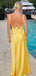 Elegant V-neck Spaghetti Straps Side Slit Column Satin Lemon Bridesmaid Dresses Online, BG790