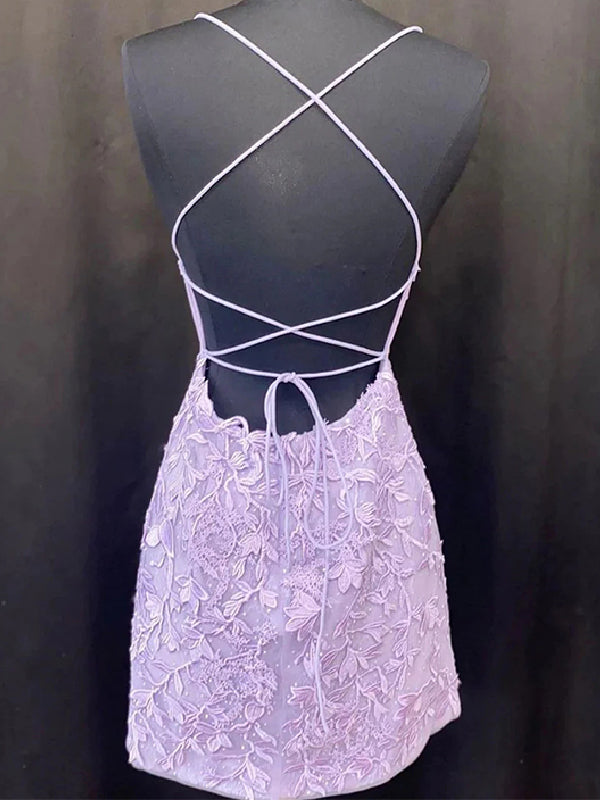 Elegant Spaghetti Straps A-line Lilac Short Homecoming Dresses Online, HD0718