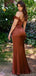 Elegant Off the Shoulder Mermaid Side Slit Burnt Orange Satin Bridesmaid Dresses Online, BG494