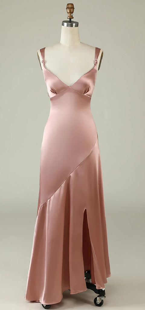 Elegant Spaghetti Straps Mermaid Rose Gold Long Satin Bridesmaid Dresses, BG543