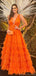 Elegant V-neck A-line Sleeveless Orange Tulle Evening Prom Dress Online, OL108